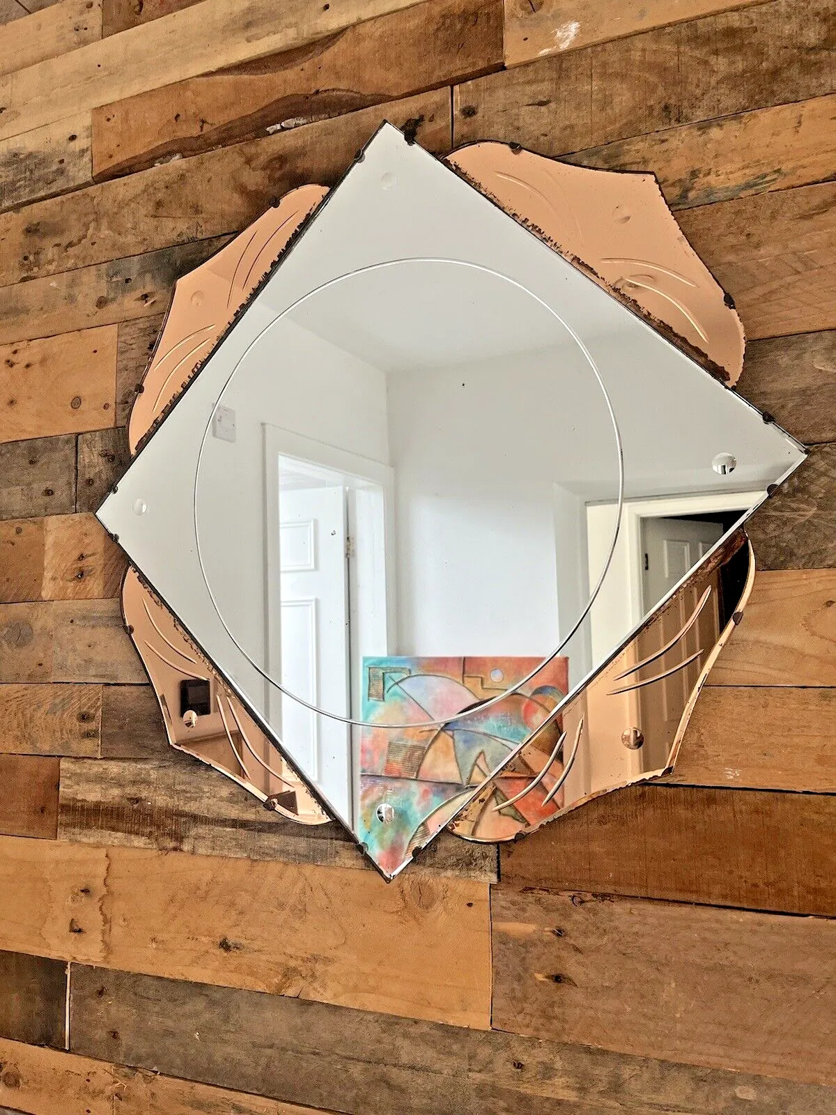 Huge 28" Beautiful 1930's Art Deco Flower Shaped Over Mantel Mirror Copper Peach