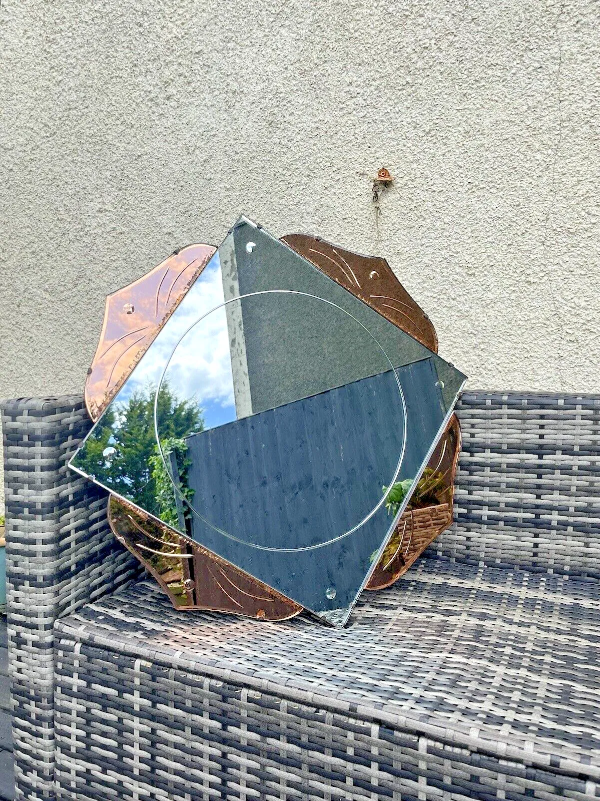 Home Decor Huge 28" Beautiful 1930's Art Deco Flower Shaped Over Mantel Mirror Copper Peach photo
