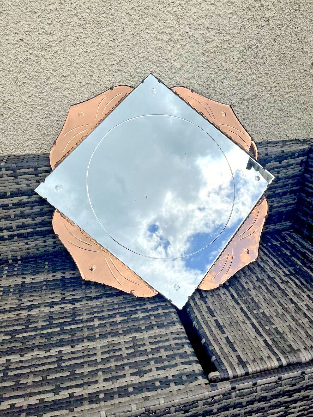 575.0 Huge 28" Beautiful 1930's Art Deco Flower Shaped Over Mantel Mirror Copper Peach photo