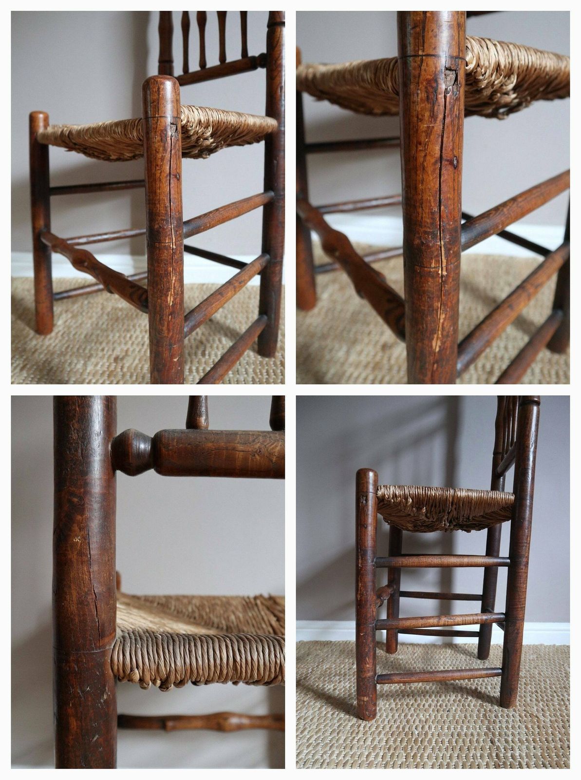 Spindle Back Wooden Chair With Rush Seat photo vintage