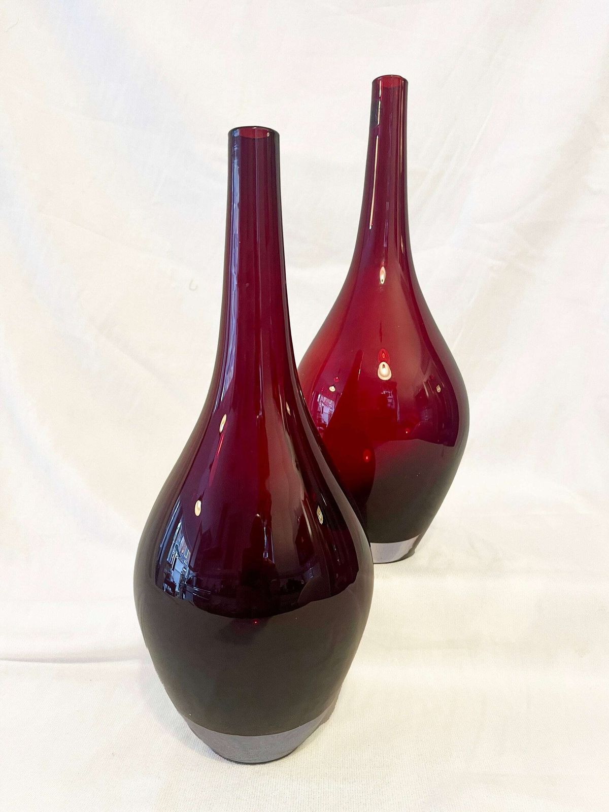 Two Iconic Vintage Ikea Hand Blown Modernist Ruby Red Salong Glass Bud / Art Glass Vase. photo for sale