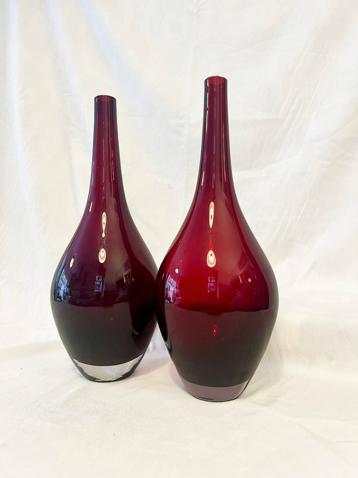 photo for sale Two Iconic Vintage Ikea Hand Blown Modernist Ruby Red Salong Glass Bud / Art Glass Vase.