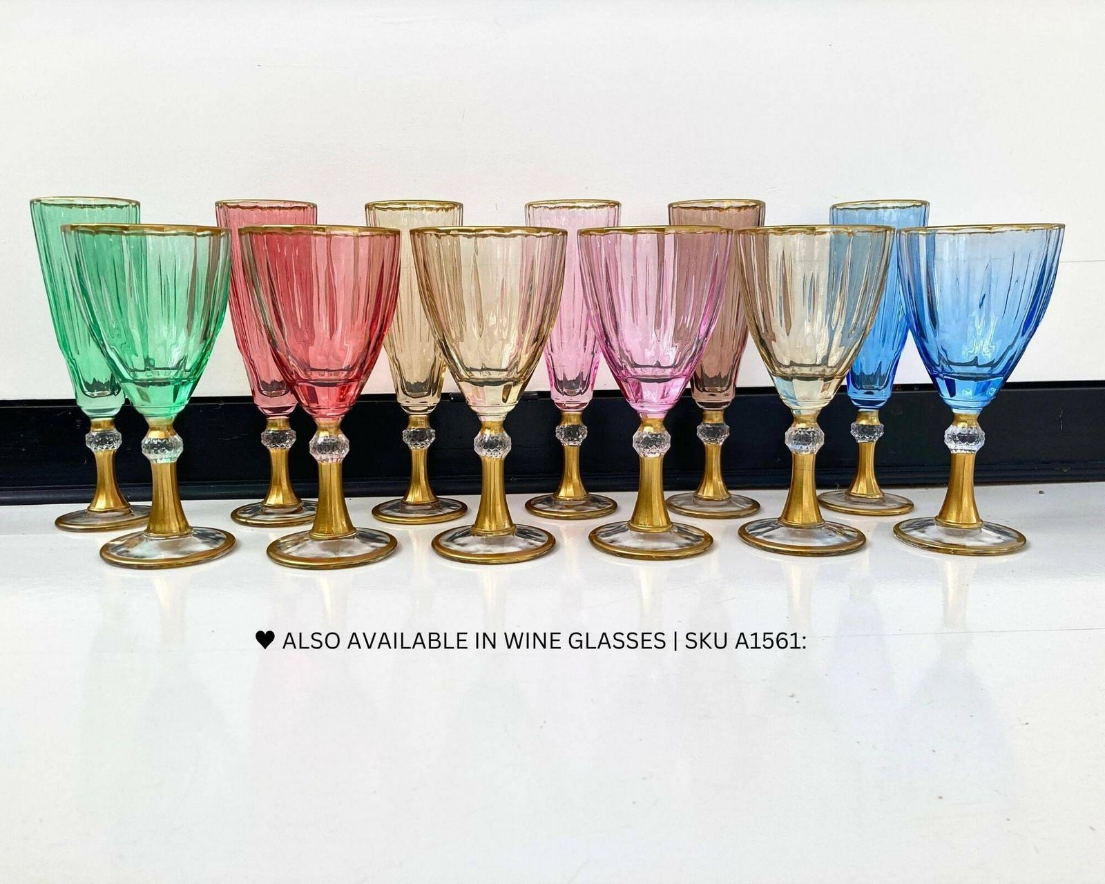Large Italian Champagne Glasses | 6pcs | Gold Stem And Multi Color photo 229.0