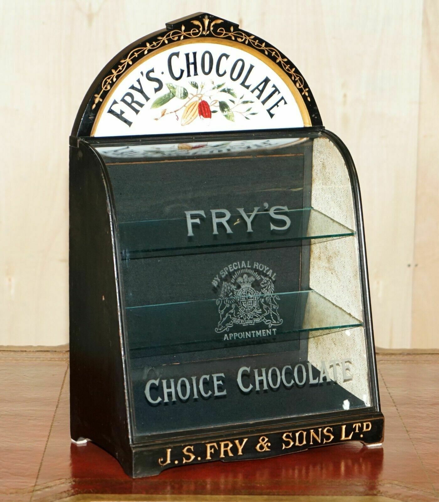 Unique Antique Victorian Fry's Chocolate Royal Crest Glass Display Case Cabinet