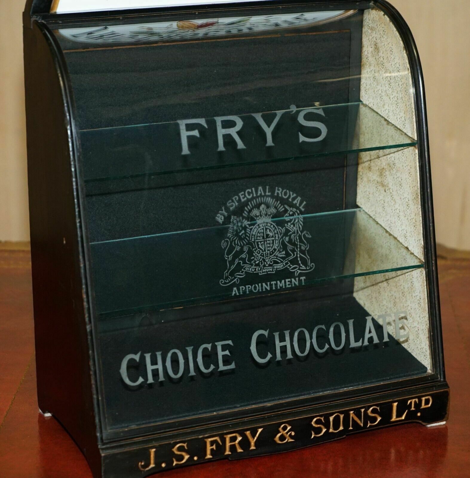 Unique Antique Victorian Fry's Chocolate Royal Crest Glass Display Case Cabinet photo for sale