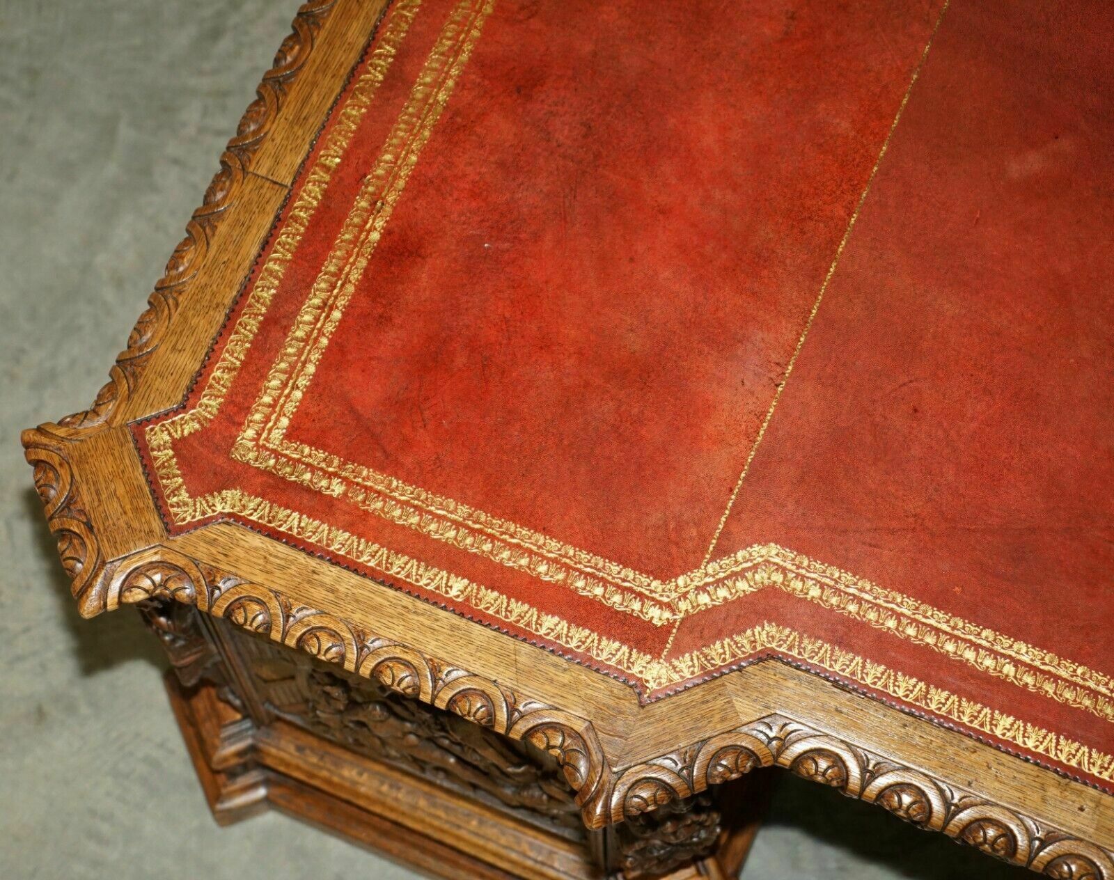 Museum Quality Antique Partner Desk 17th Century Hand Carved Religious Panels photo Furniture