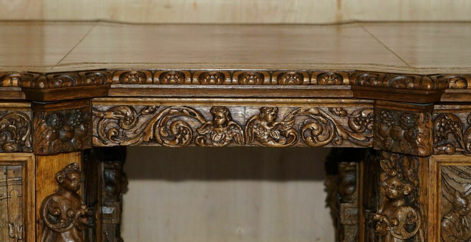 Museum Quality Antique Partner Desk 17th Century Hand Carved Religious Panels photo vinterior