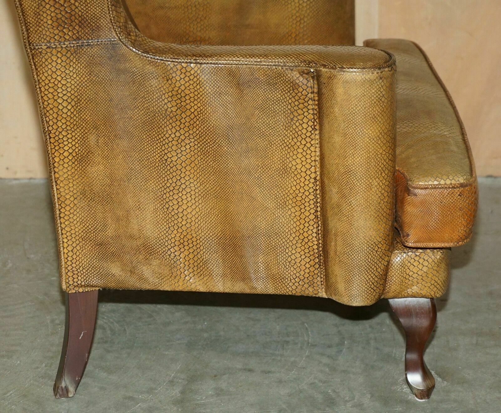 photo vintage Exquisite Spanish Wingback Armchair With Alligator Crocodile Leather Upholstery