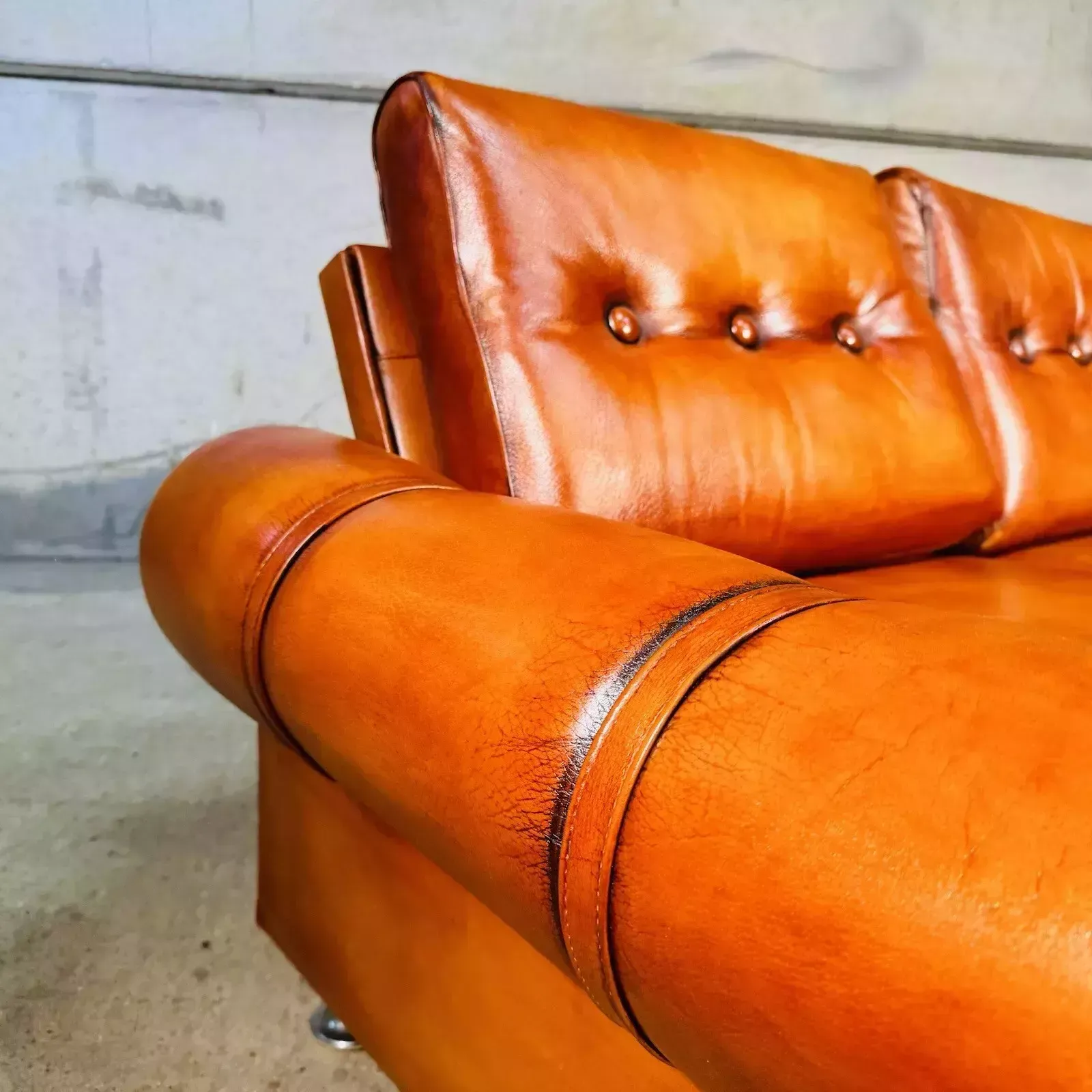 photo furniture Vintage Retrodanish Leather Two Seater Sofa Hand Dyed Tan, Strap Detail #A212