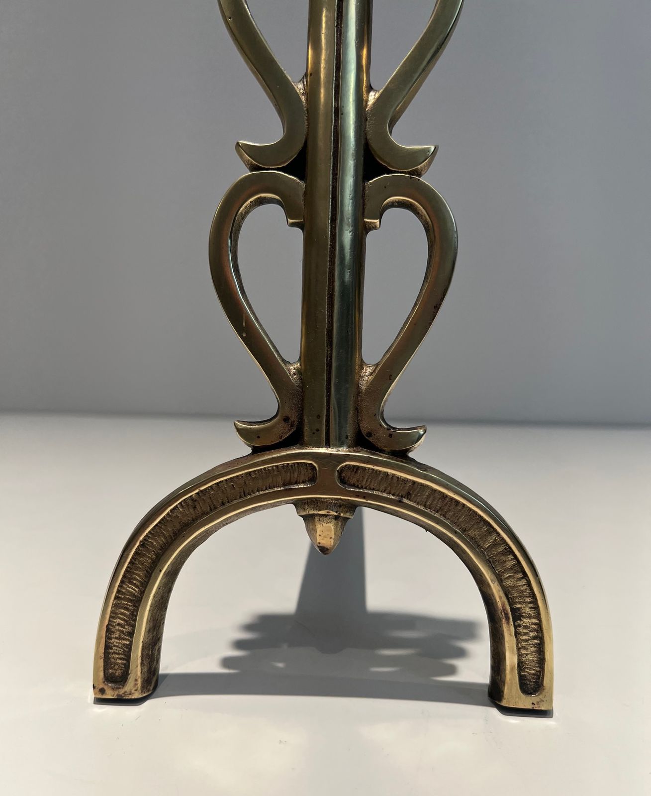 Home Fixtures Pair Of Andirons In Brass And Wrought Iron In The Style Of Raymond Subes photo