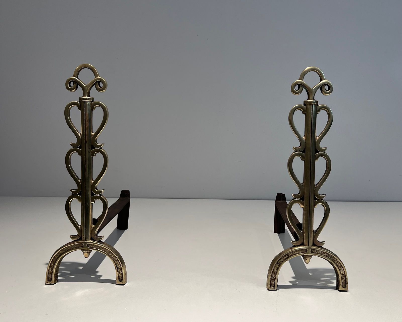 1250.0 Pair Of Andirons In Brass And Wrought Iron In The Style Of Raymond Subes photo