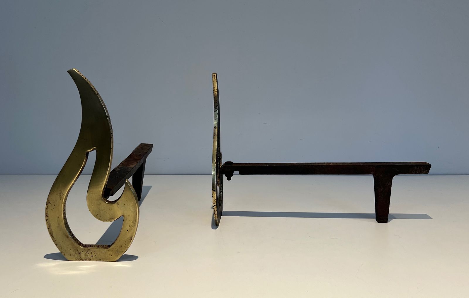 Pair Of Flame Andirons In Brass photo vintage