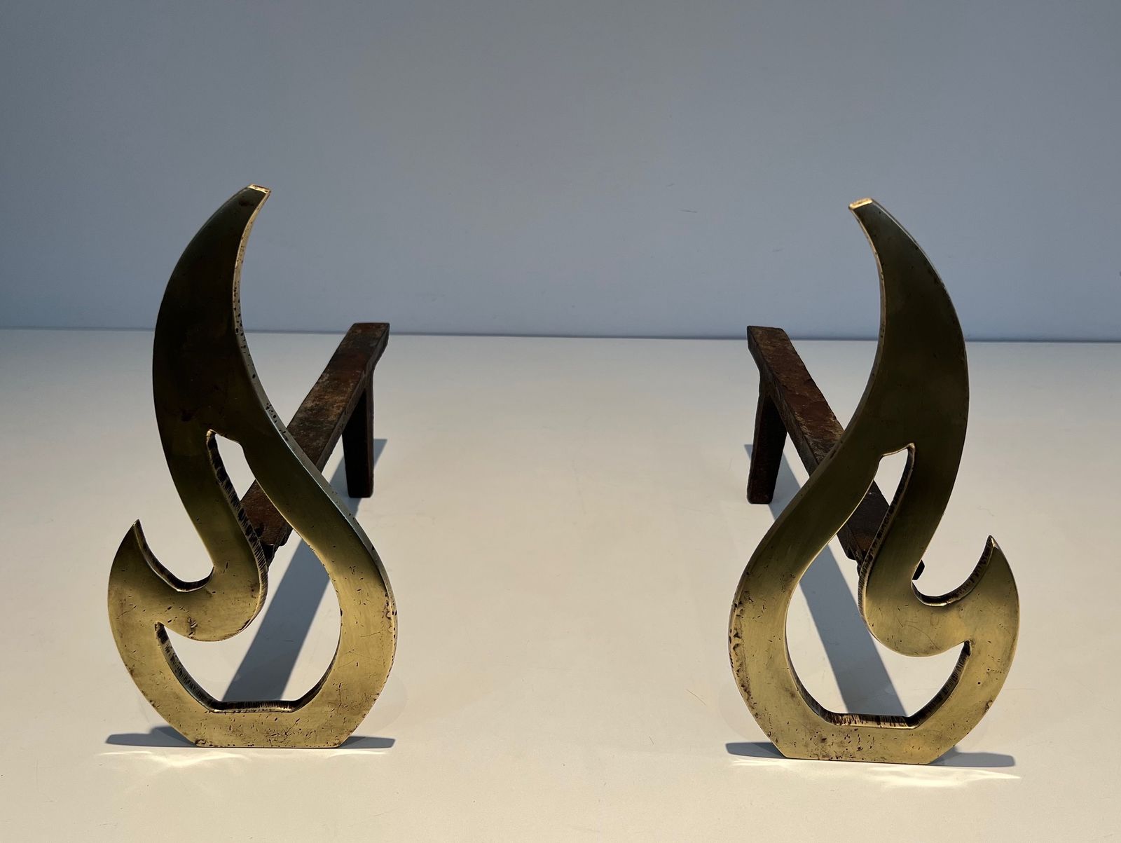photo for sale Pair Of Flame Andirons In Brass