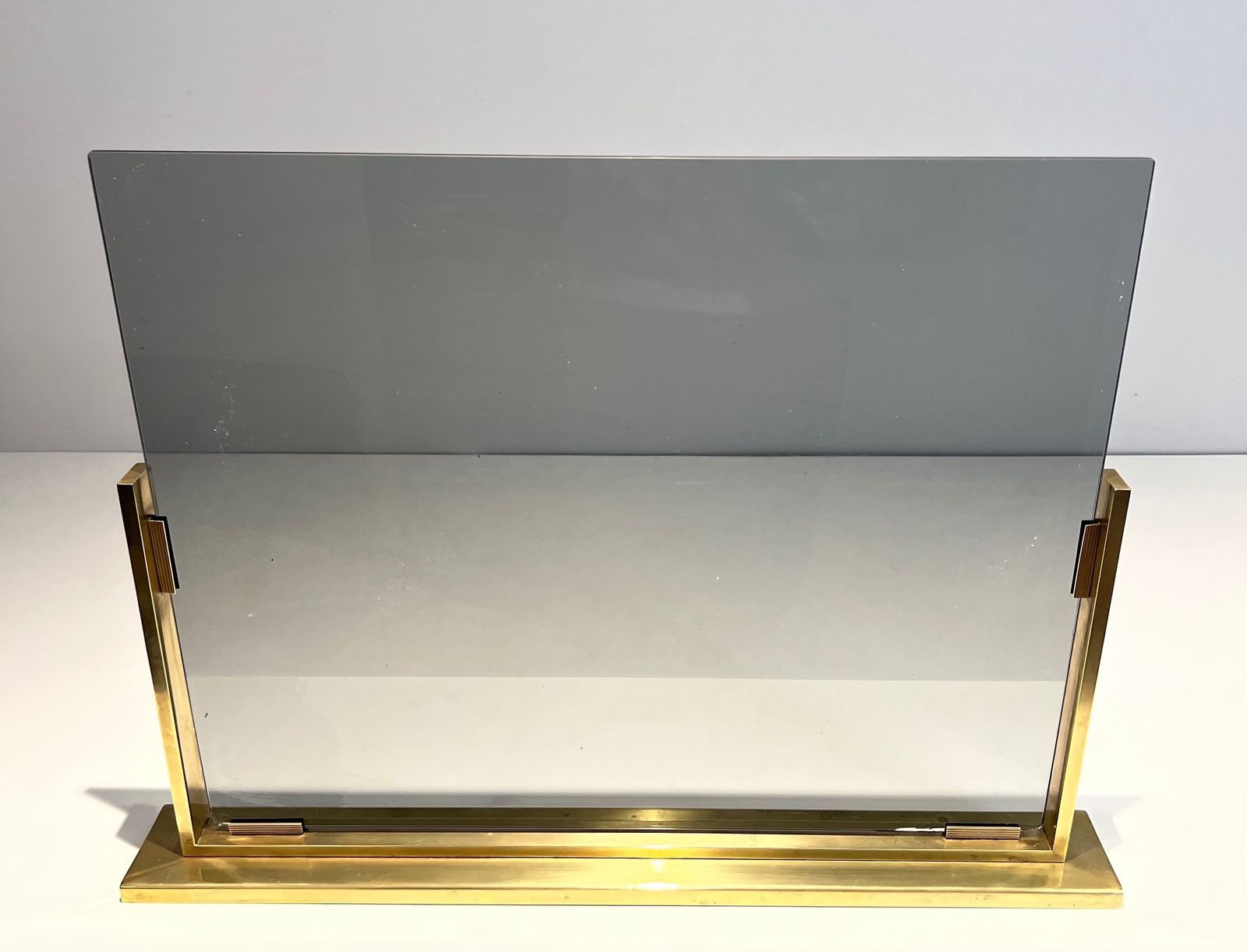 Smoked Glass And Brass Fire Screen photo for sale