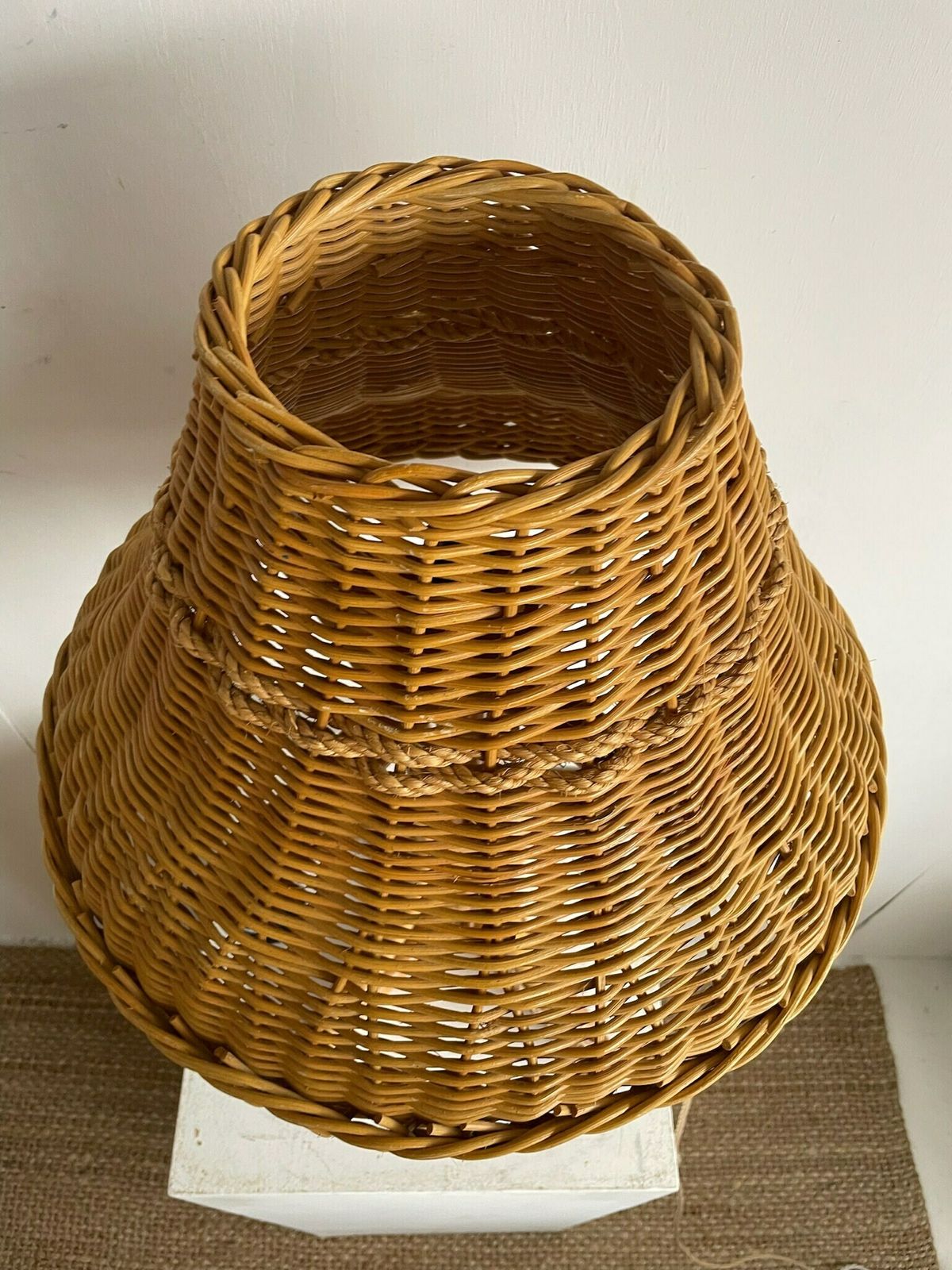 Wonderful Boho 1970s Bamboo And Wicker Table Lamp With Large Shade photo vinterior