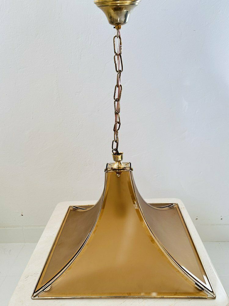 Mid Century Italian Pagoda Pendant With Brass And Curved Smoked Glass From Esperia, 1970s photo for sale