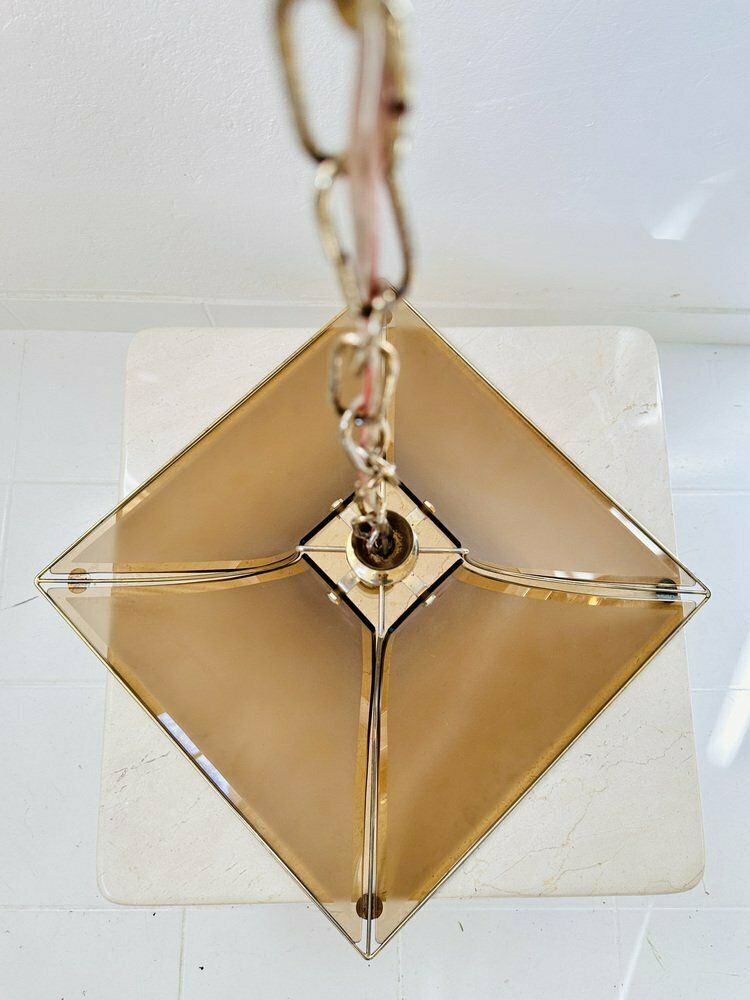 Mid Century Italian Pagoda Pendant With Brass And Curved Smoked Glass From Esperia, 1970s photo 1010.0