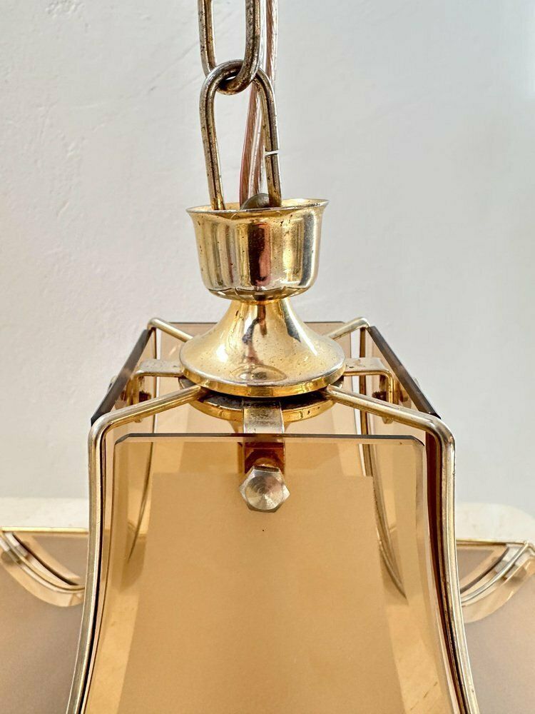 Mid Century Italian Pagoda Pendant With Brass And Curved Smoked Glass From Esperia, 1970s photo buy
