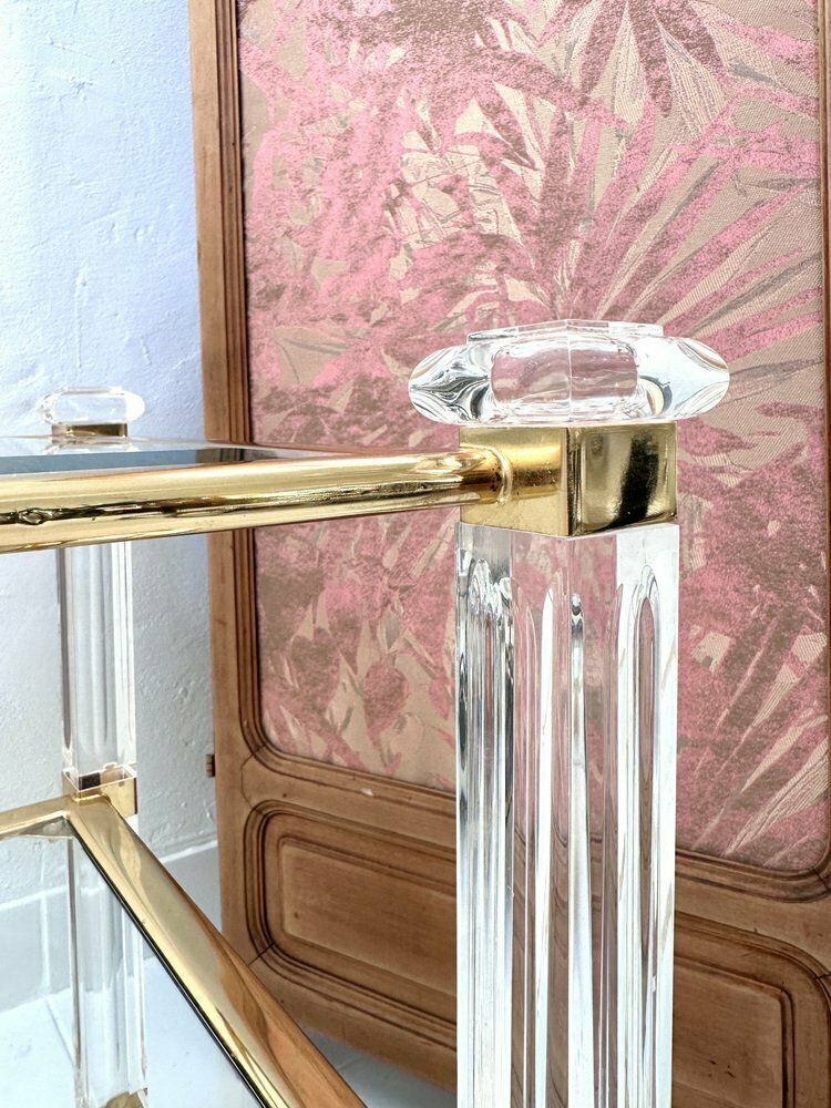 Mid Century Acrylic Three Tier Bar Cart With Brass Details, 1970s photo Furniture