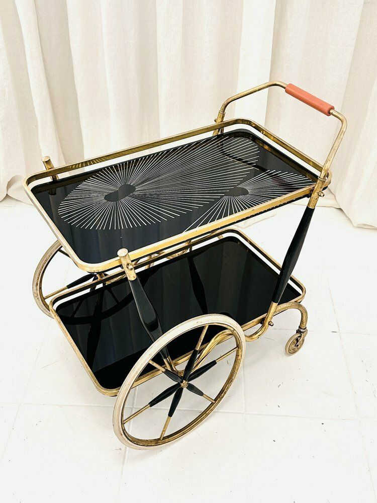 Art Deco Brass And Black Glass Serving Bar Trolley, 1950s photo for sale