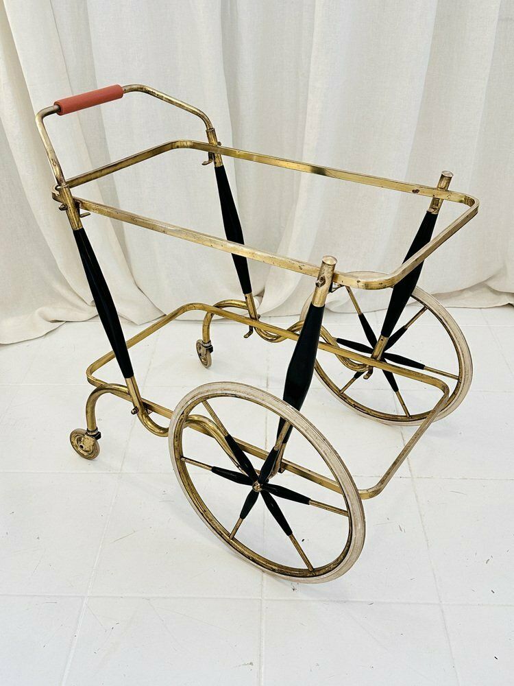 Art Deco Brass And Black Glass Serving Bar Trolley, 1950s photo vintage