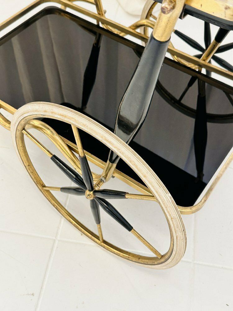 photo vintage Art Deco Brass And Black Glass Serving Bar Trolley, 1950s