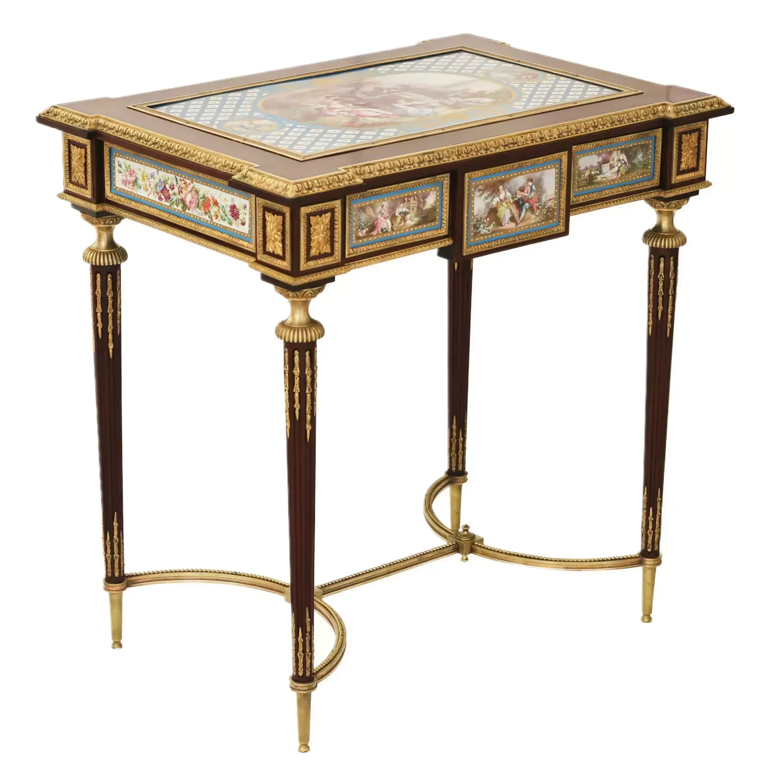 A Magnificent Ladies Table With Gilded Bronze Decor And Porcelain Panels In The Style Of Adam Weisweiler. France. 19th Century