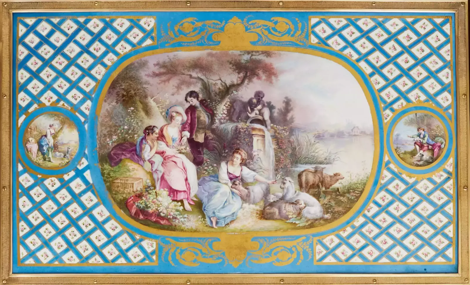 A Magnificent Ladies Table With Gilded Bronze Decor And Porcelain Panels In The Style Of Adam Weisweiler. France. 19th Century photo vintage