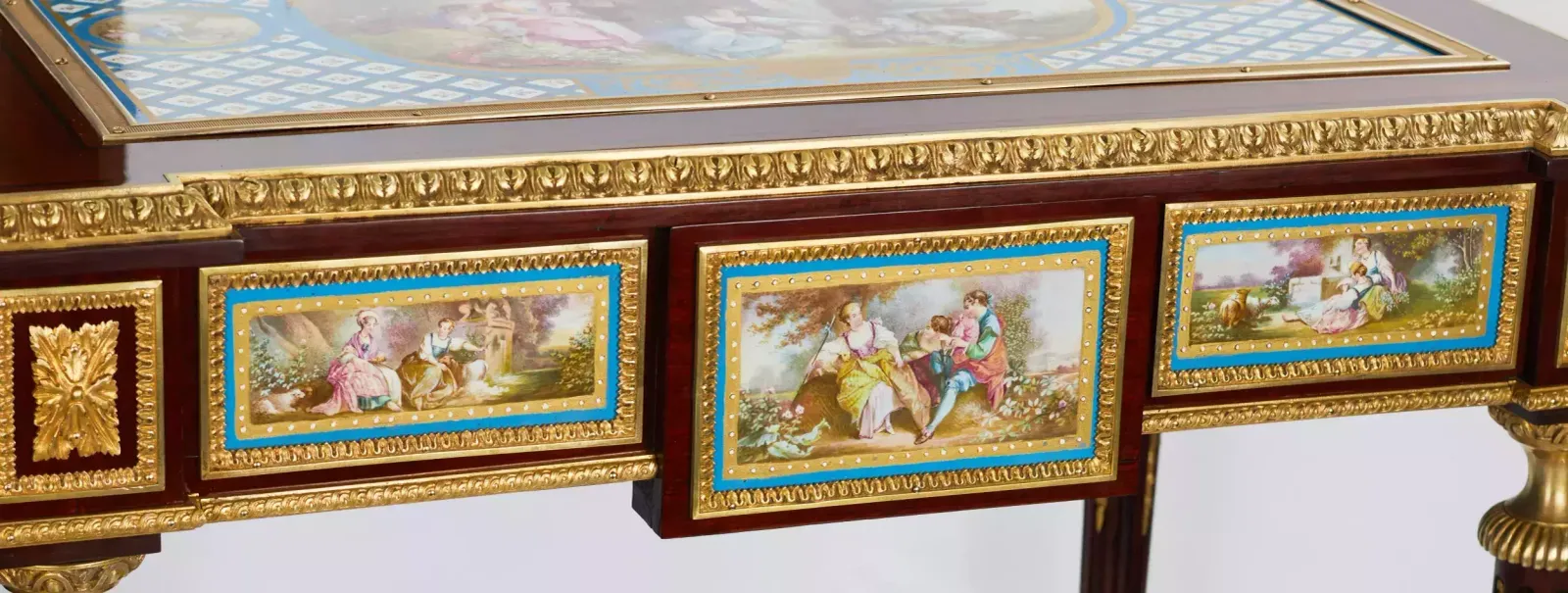 photo for sale A Magnificent Ladies Table With Gilded Bronze Decor And Porcelain Panels In The Style Of Adam Weisweiler. France. 19th Century