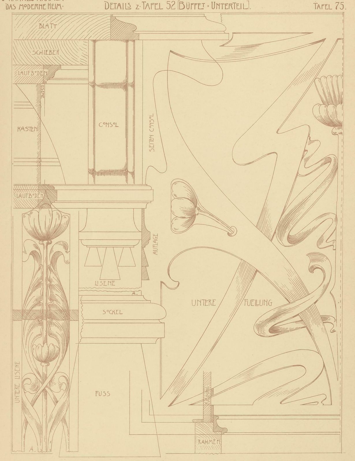 Pl. 75 Antique Print Of Furniture Details By Kramer, Circa 1910 photo Art