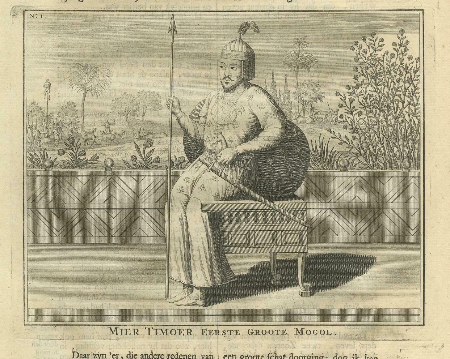Antique Print Of The 1st Mughal Emperor By Valentijn, 1726 photo for sale