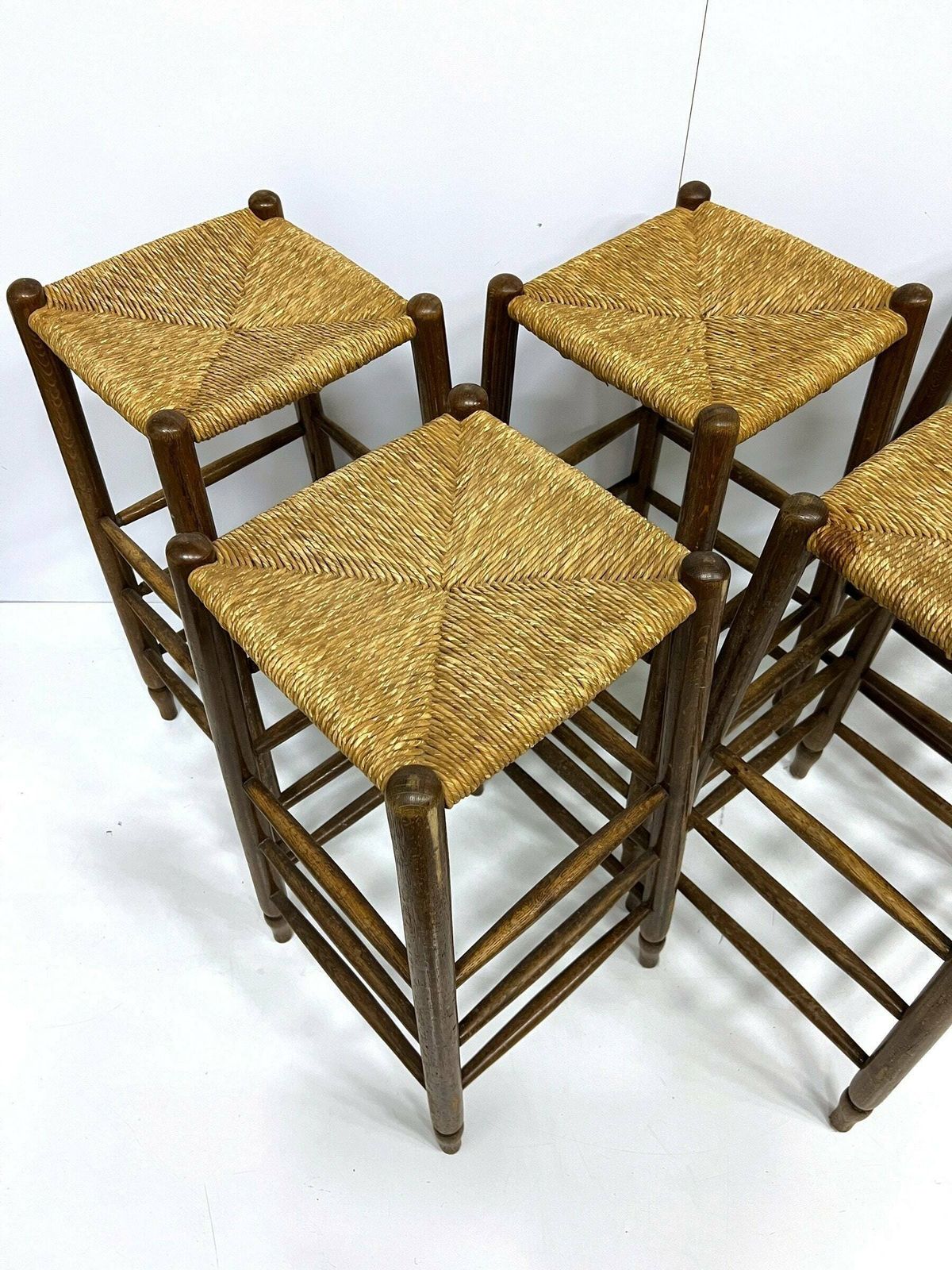1 Of 3 Vintage Bar Stools, Farmhouse Style Furniture, Woven Rattan Seats, Homebar Kitchen Stools, Oak Wood Chairs photo Furniture