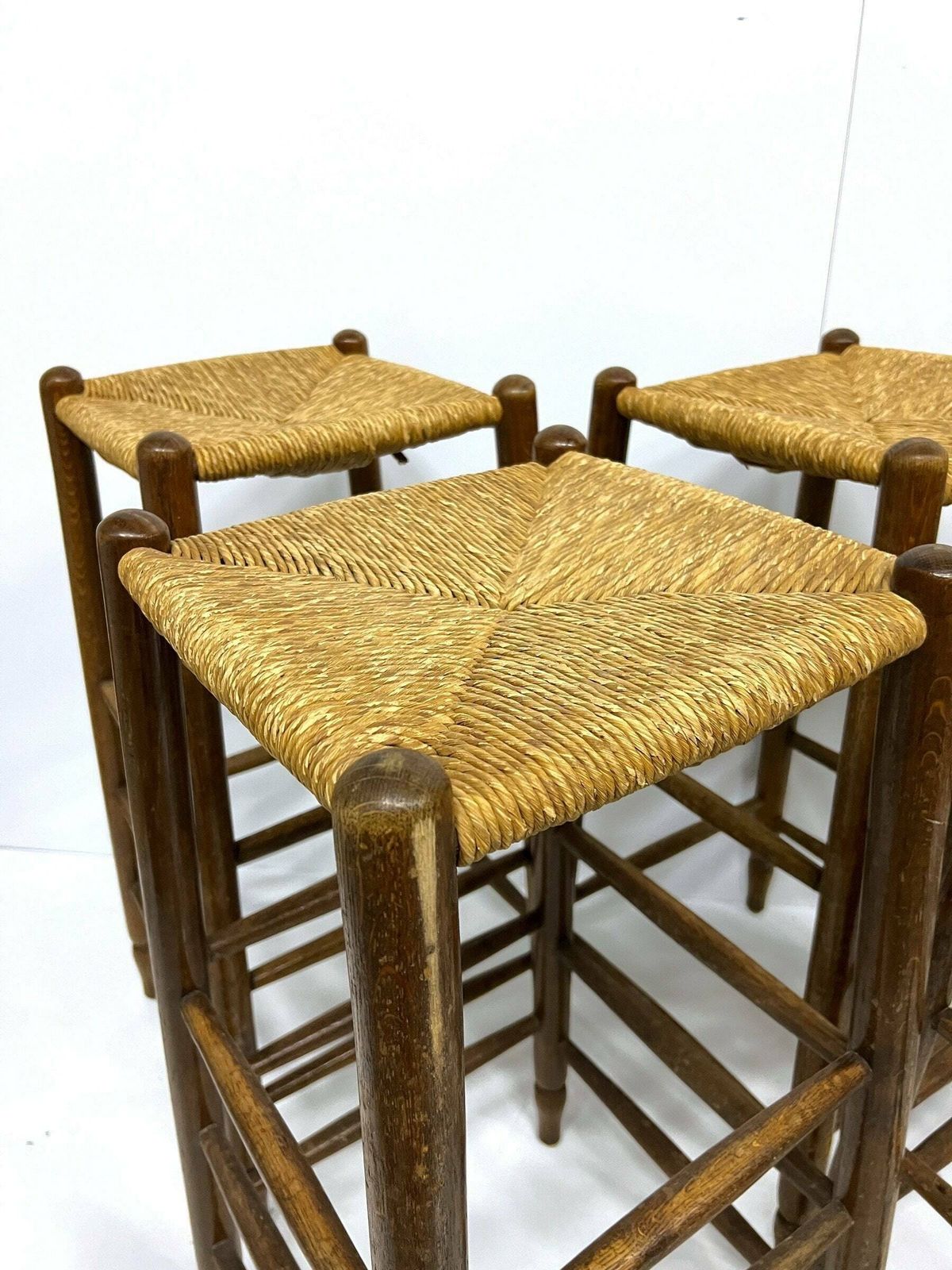 1 Of 3 Vintage Bar Stools, Farmhouse Style Furniture, Woven Rattan Seats, Homebar Kitchen Stools, Oak Wood Chairs photo 567.0