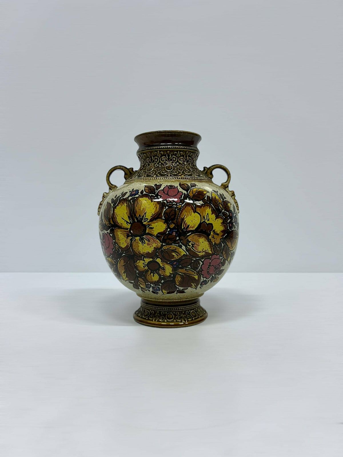1 Of 2 Marzi & Remy Vases, Mid Century Ceramics Pot, Floral Flower Decorated, Brown Vase With Ears photo Home Decor