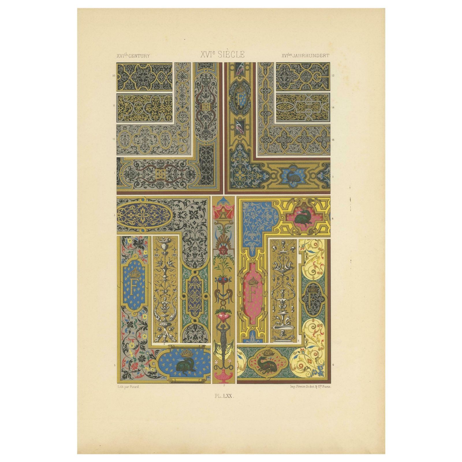 Pl. 70 Antique Print Of Xvith Century Ornaments By Racinet, Circa 1890
