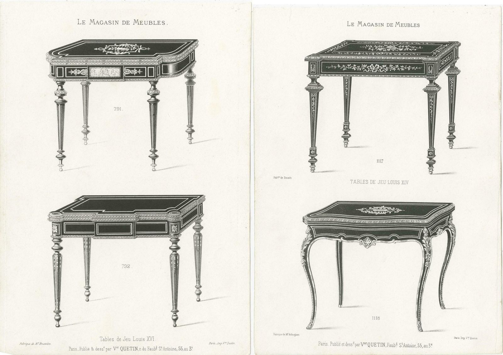 Set Of 2 Antique Furniture Prints Of Game Tables By Quetin, 'Circa 1860' photo for sale