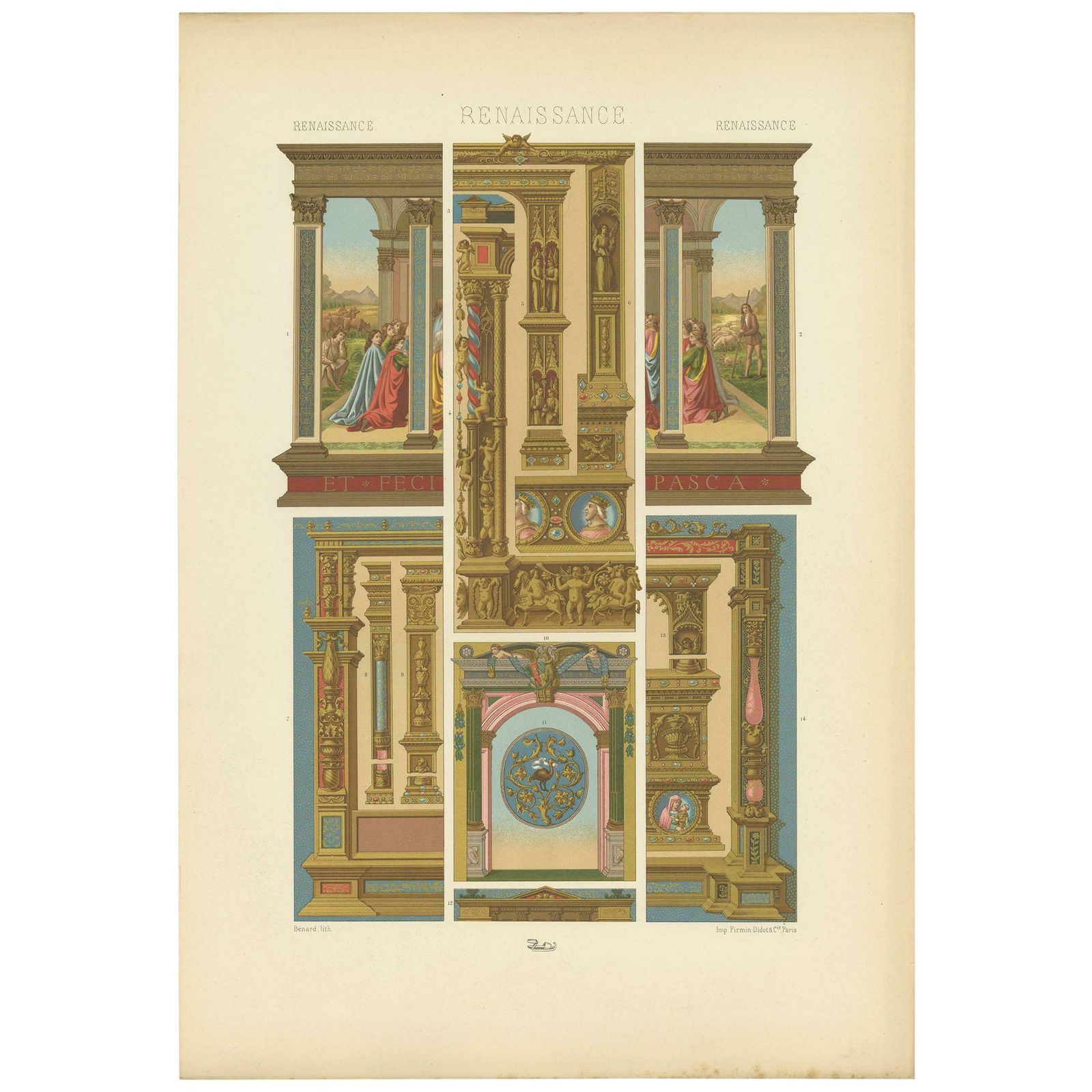Pl. 80 Antique Print Of Renaissance Architectural &Metalwork By Racinet 'C.1890'