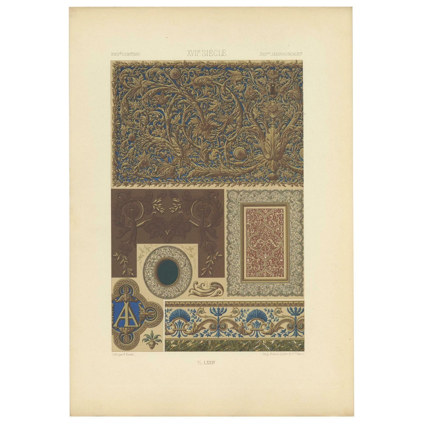 Pl. 74 Antique Print Of 17th Century Ornaments By Racinet, 'Circa 1890'