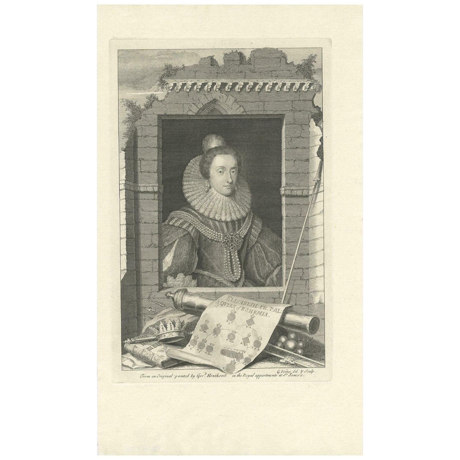 Antique Portrait Of Elizabeth, Queen Of Bohemia, By G. Vertue, Circa 1750