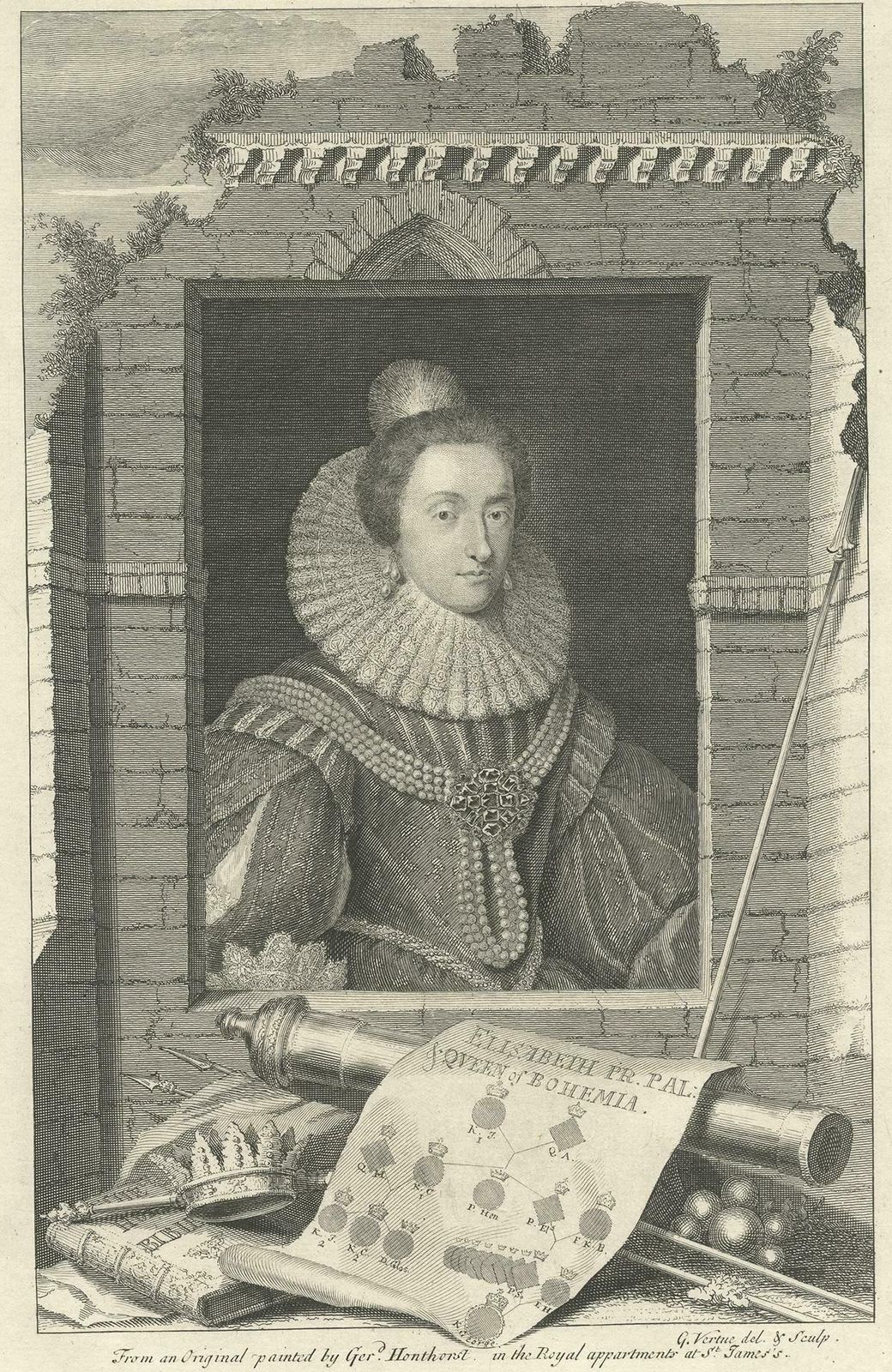 Antique Portrait Of Elizabeth, Queen Of Bohemia, By G. Vertue, Circa 1750 photo furniture