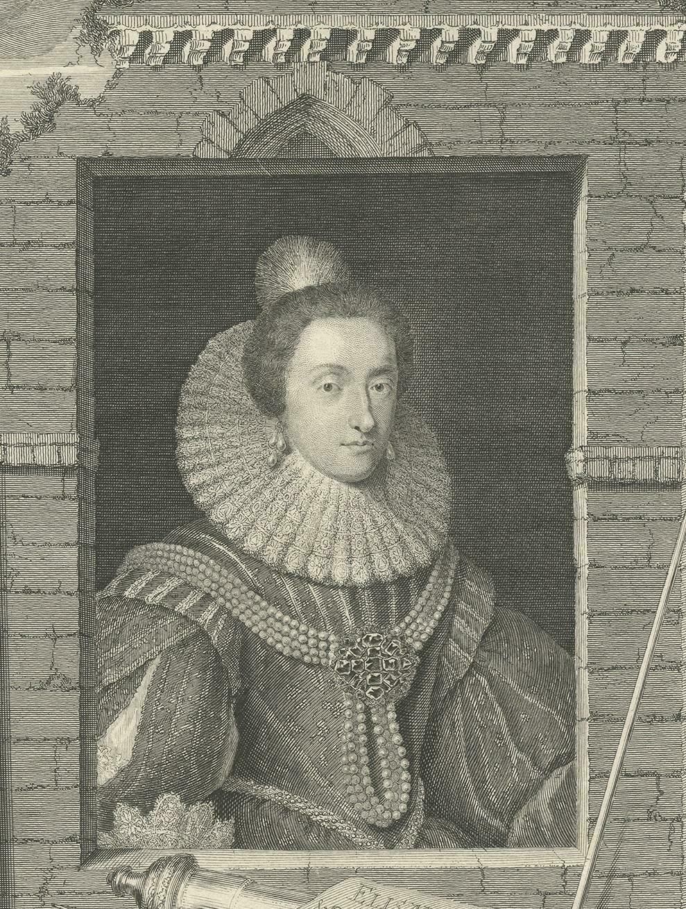 Antique Portrait Of Elizabeth, Queen Of Bohemia, By G. Vertue, Circa 1750 photo for sale