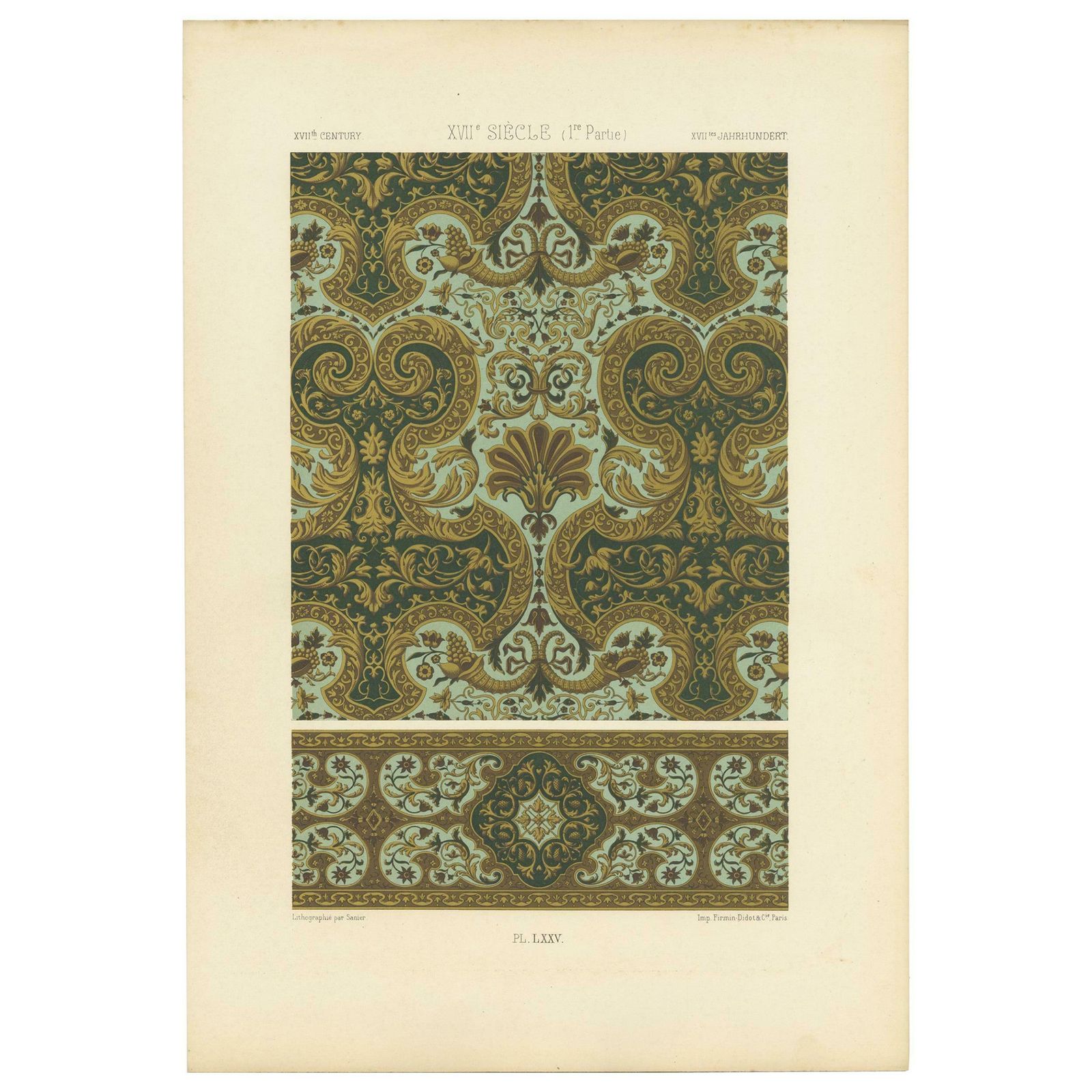 Pl. 75 Antique Print Of Xviith Century Ornaments By Racinet, Circa 1890