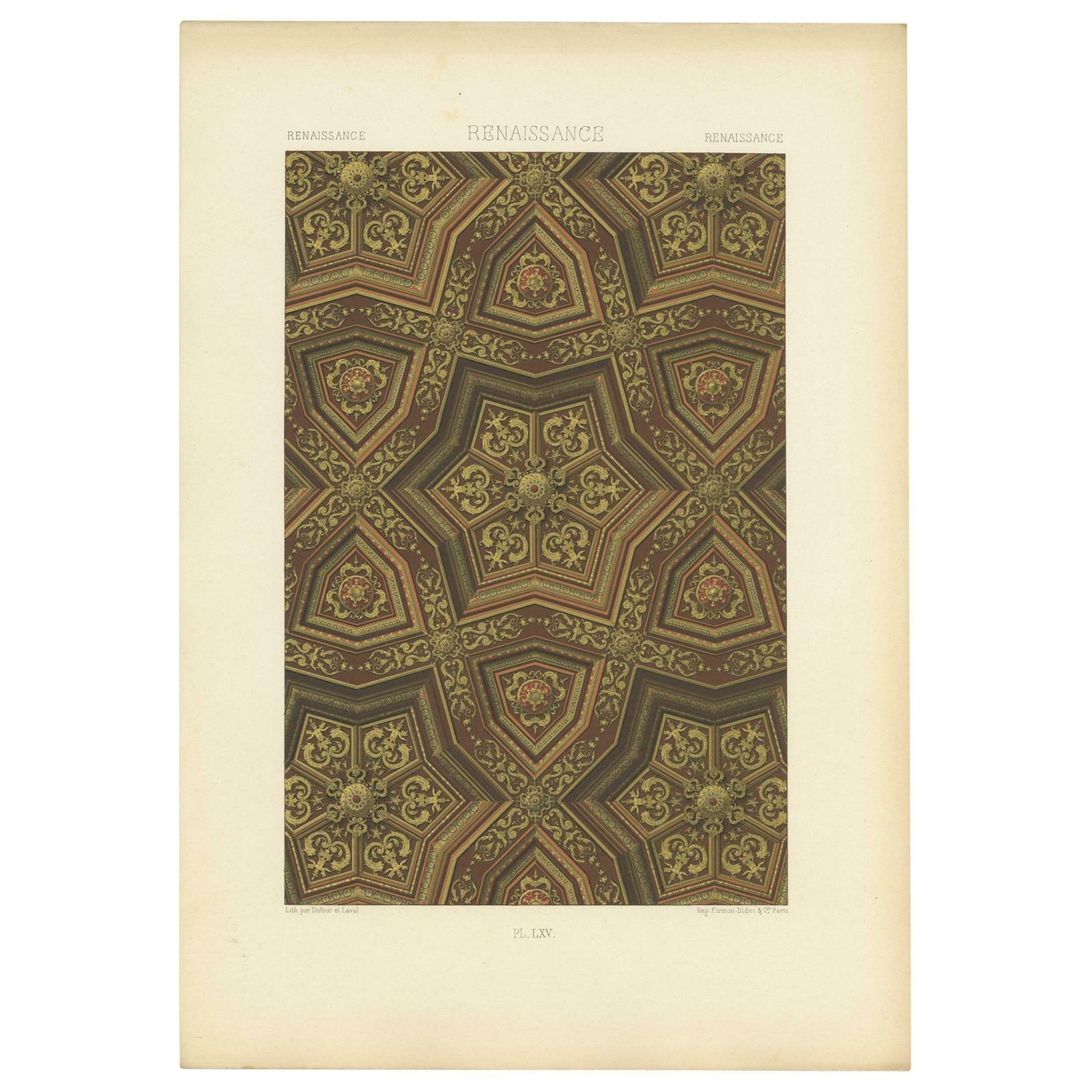 Pl. 65 Antique Print Of Renaissance Ornaments By Racinet (C.1890)