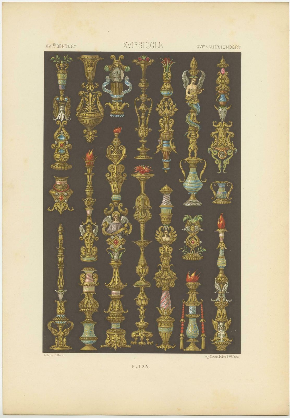 Pl. 64 Antique Print Of Xvith Century Ornaments By Racinet (C.1890) photo furniture