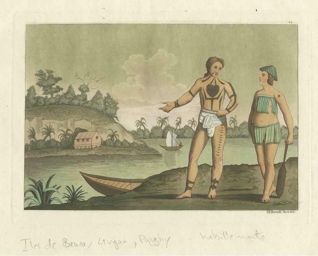 Old Hand Colored Antique Print Of Banae Inhabitants With Body Tattoos, 1827 photo for sale