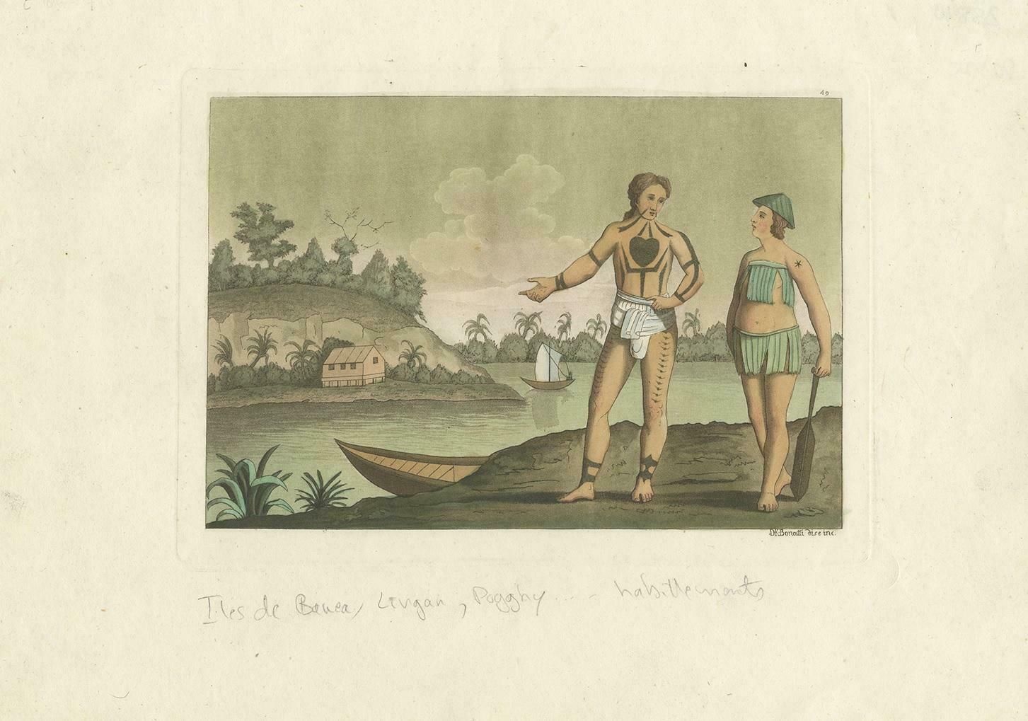 Old Hand Colored Antique Print Of Banae Inhabitants With Body Tattoos, 1827 photo Art