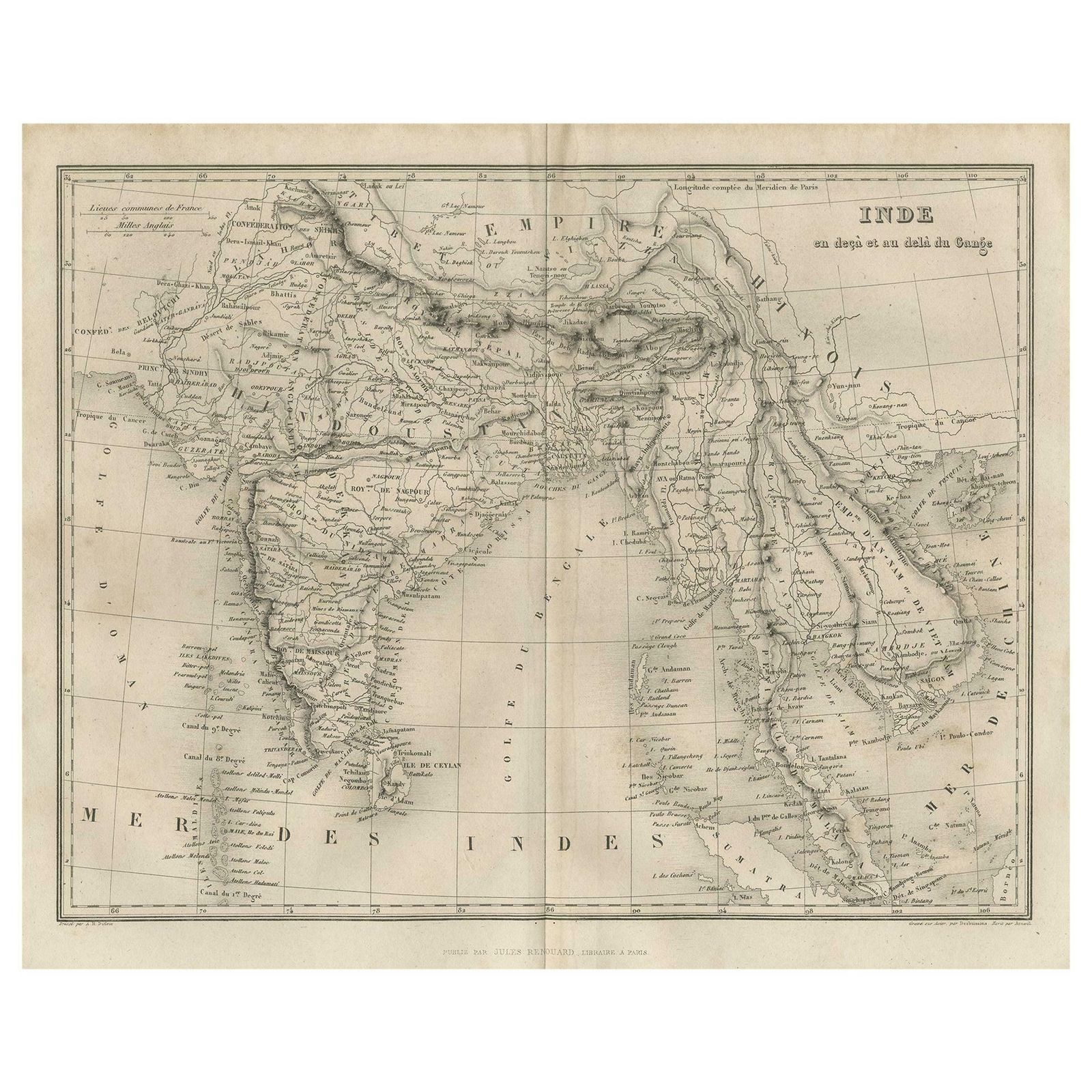 Antique Map Of India And Southeast Asia By Balbi '1847'