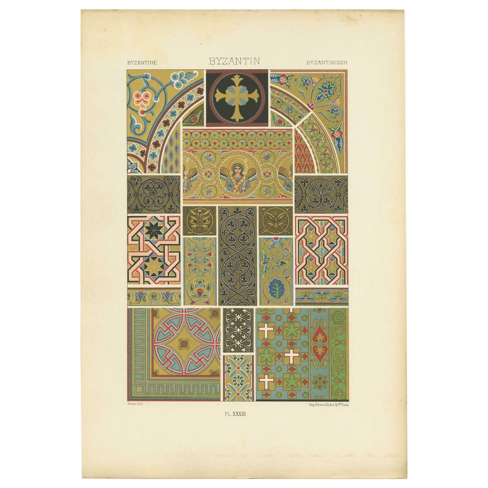 Pl. 33 Antique Print Of Byzantine Ornaments By Racinet, Circa 1890