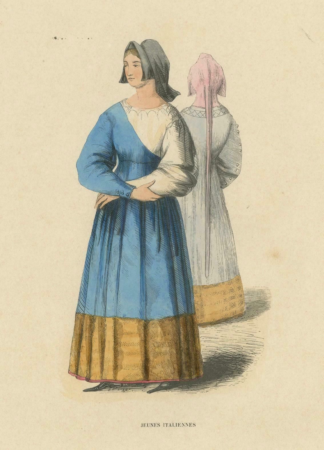 Antique Print Of Italian Maidens In Traditional Attire, 1847 photo 125.0
