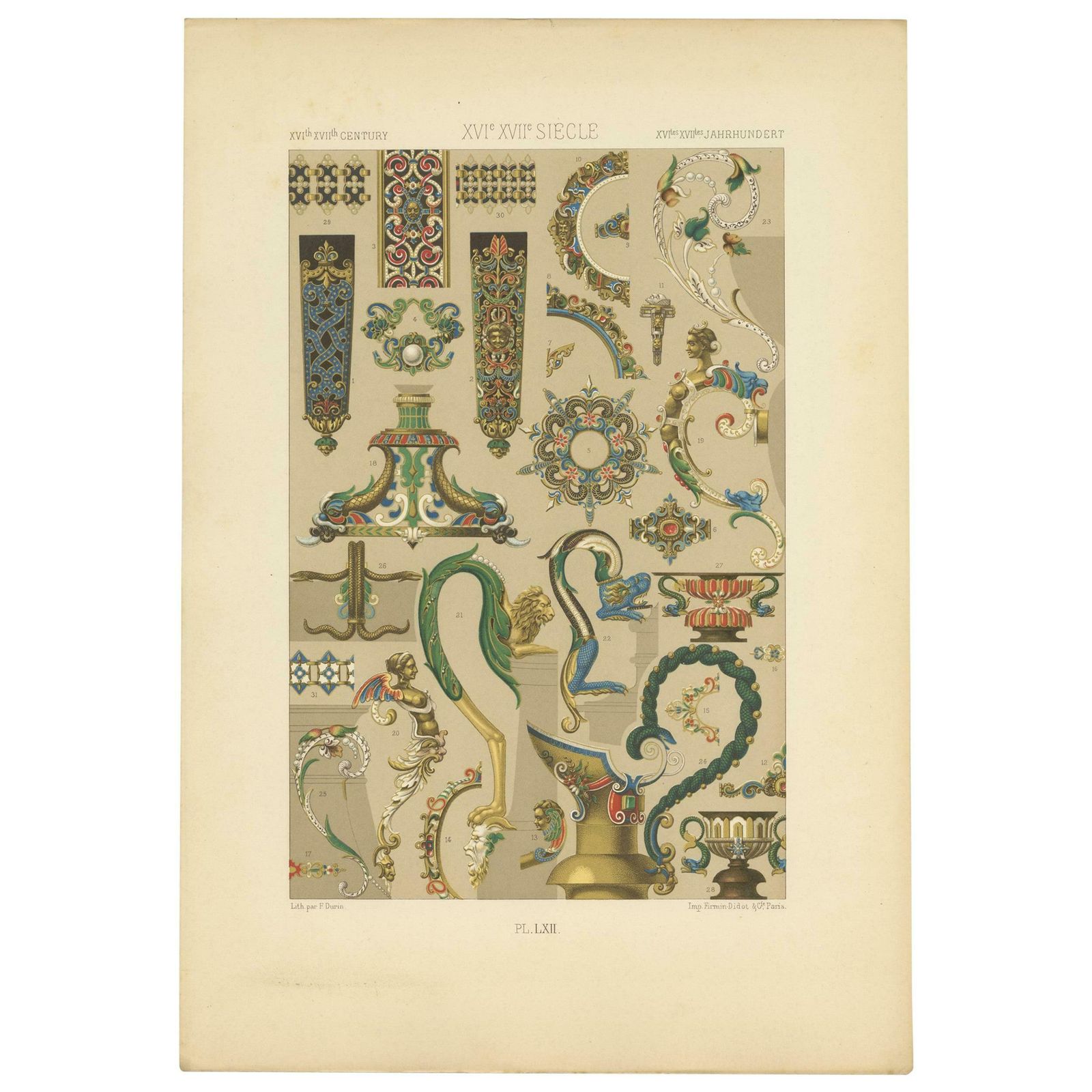 Pl. 62 Antique Print Of 16th 17th Century Ornaments By Racinet, 'Circa 1890'